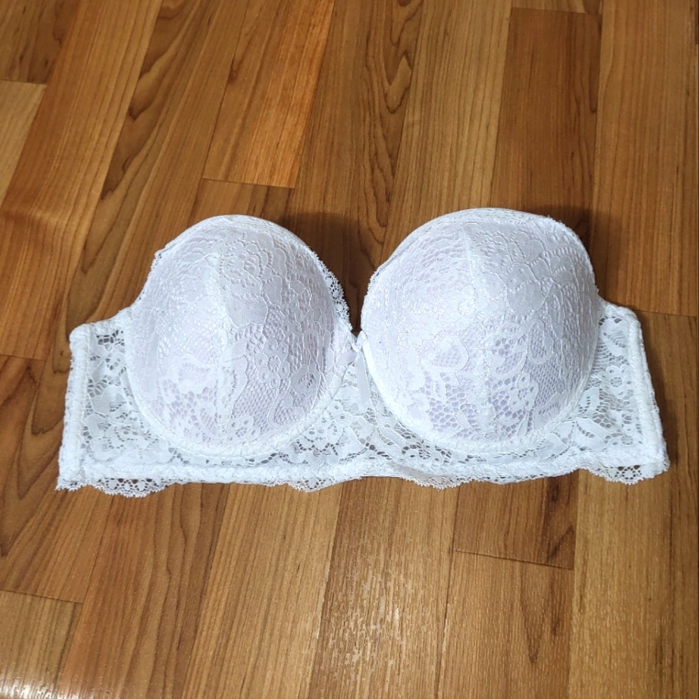 Bluxe Strapless Underwired Evenly Padded Lace Cup Longline Plunge Bra White 36C